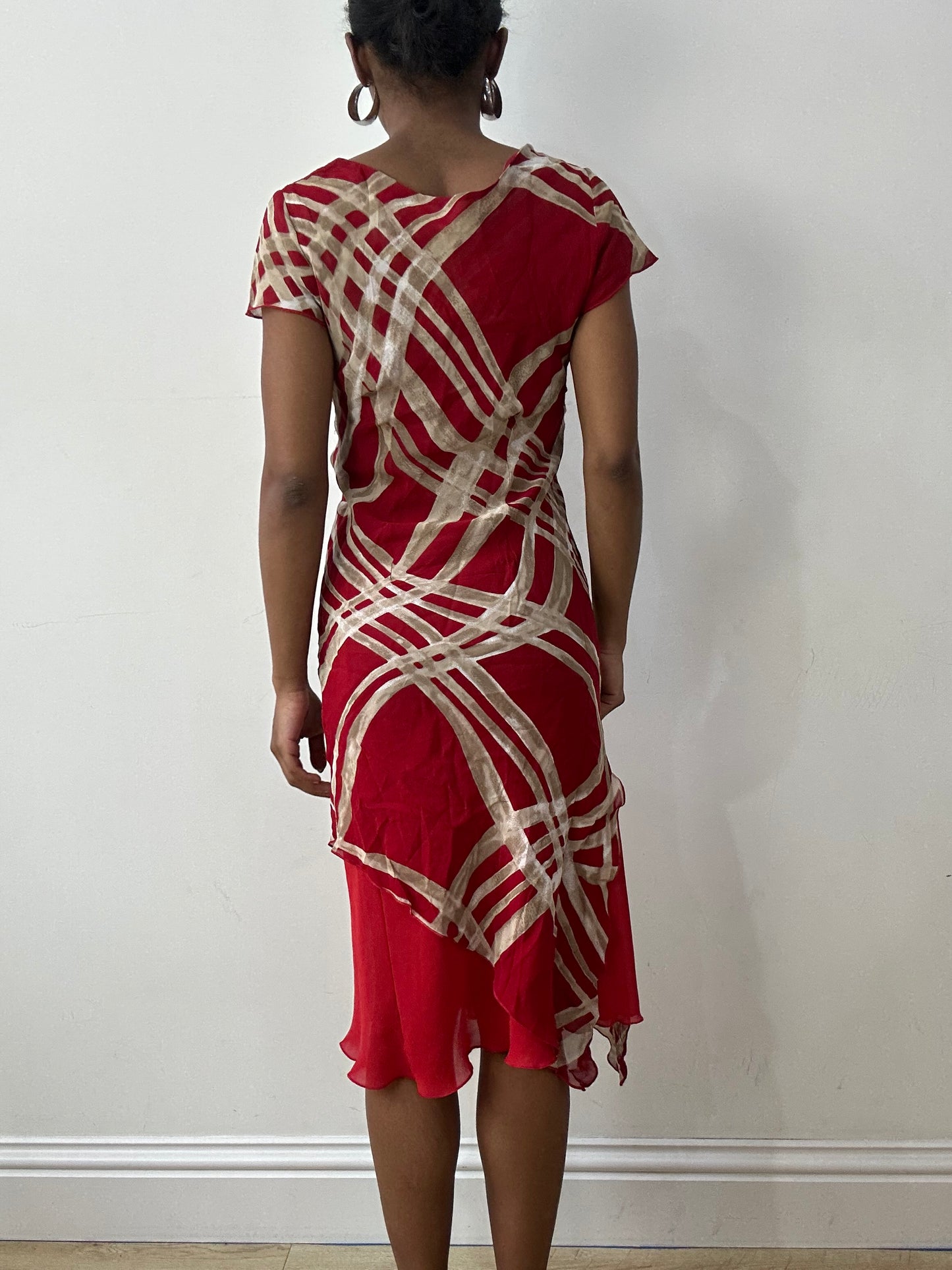 midsummer edit | small red midi dress with cream abstract print
