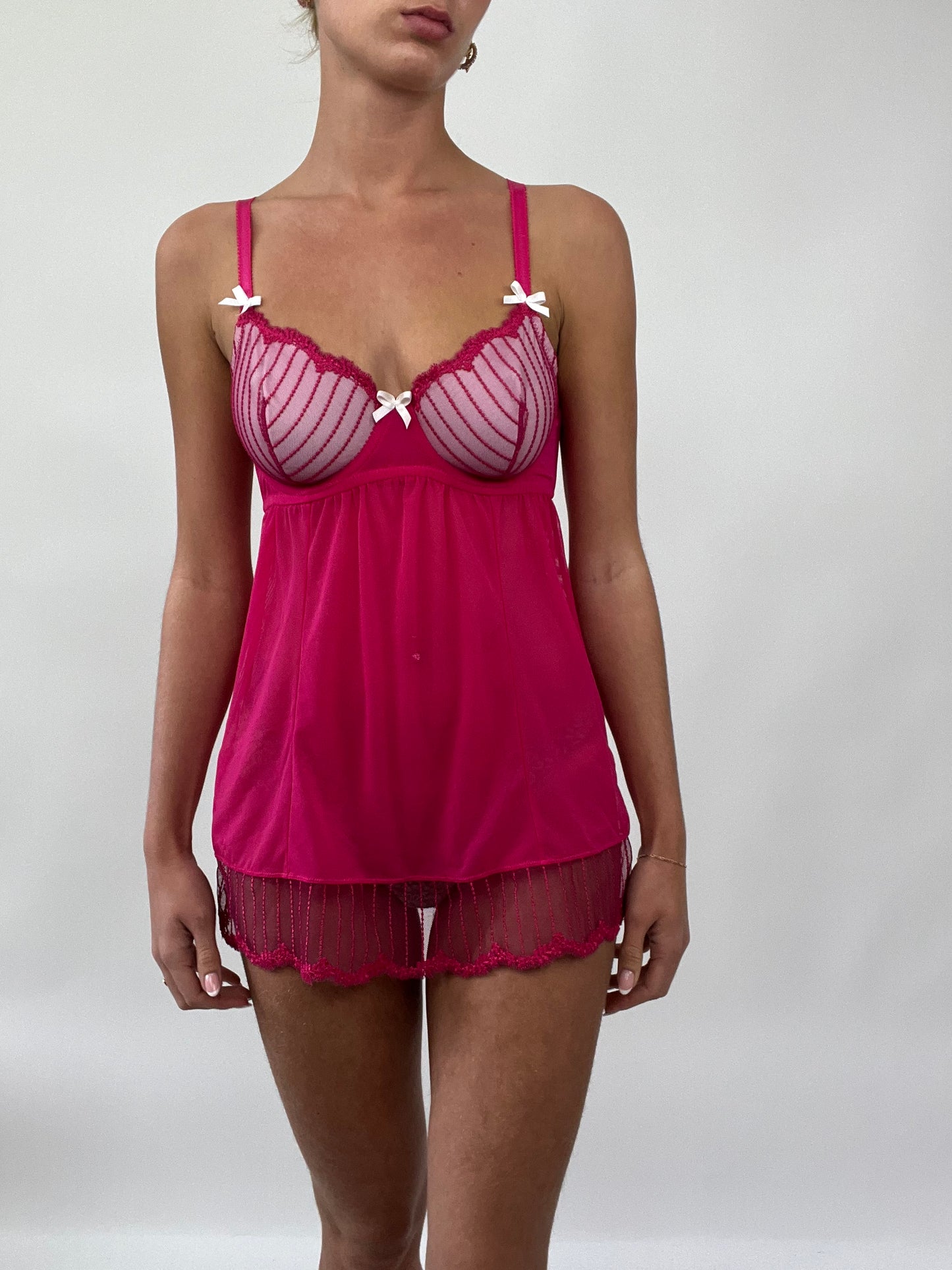 PALM BEACH DROP | small pink sheer dress with lace bra built in