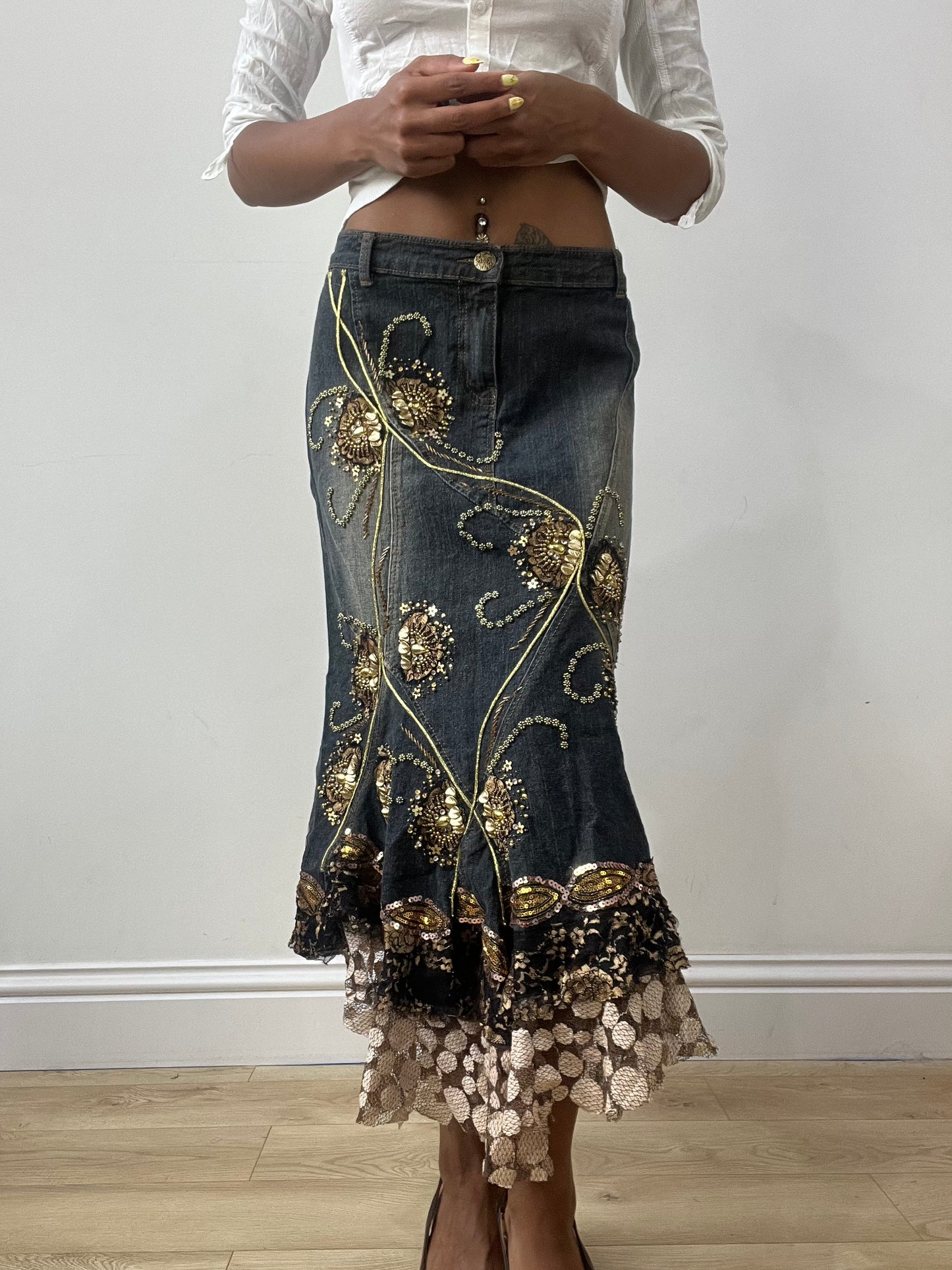 vintage edit thirty-two | medium blue denim maxi skirt with embellishments