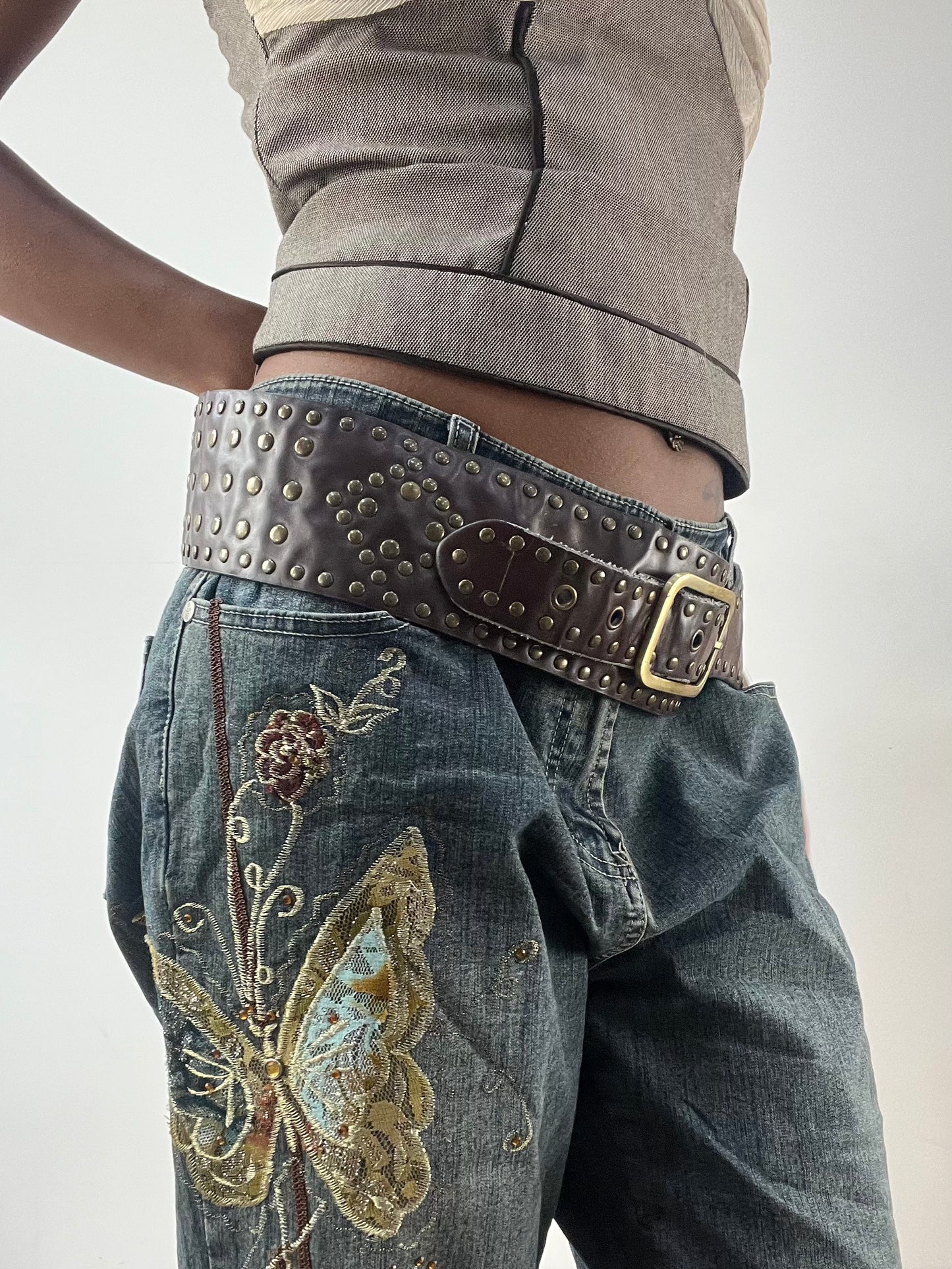 LFW edit | brown statement belt with gold studding and buckle detail