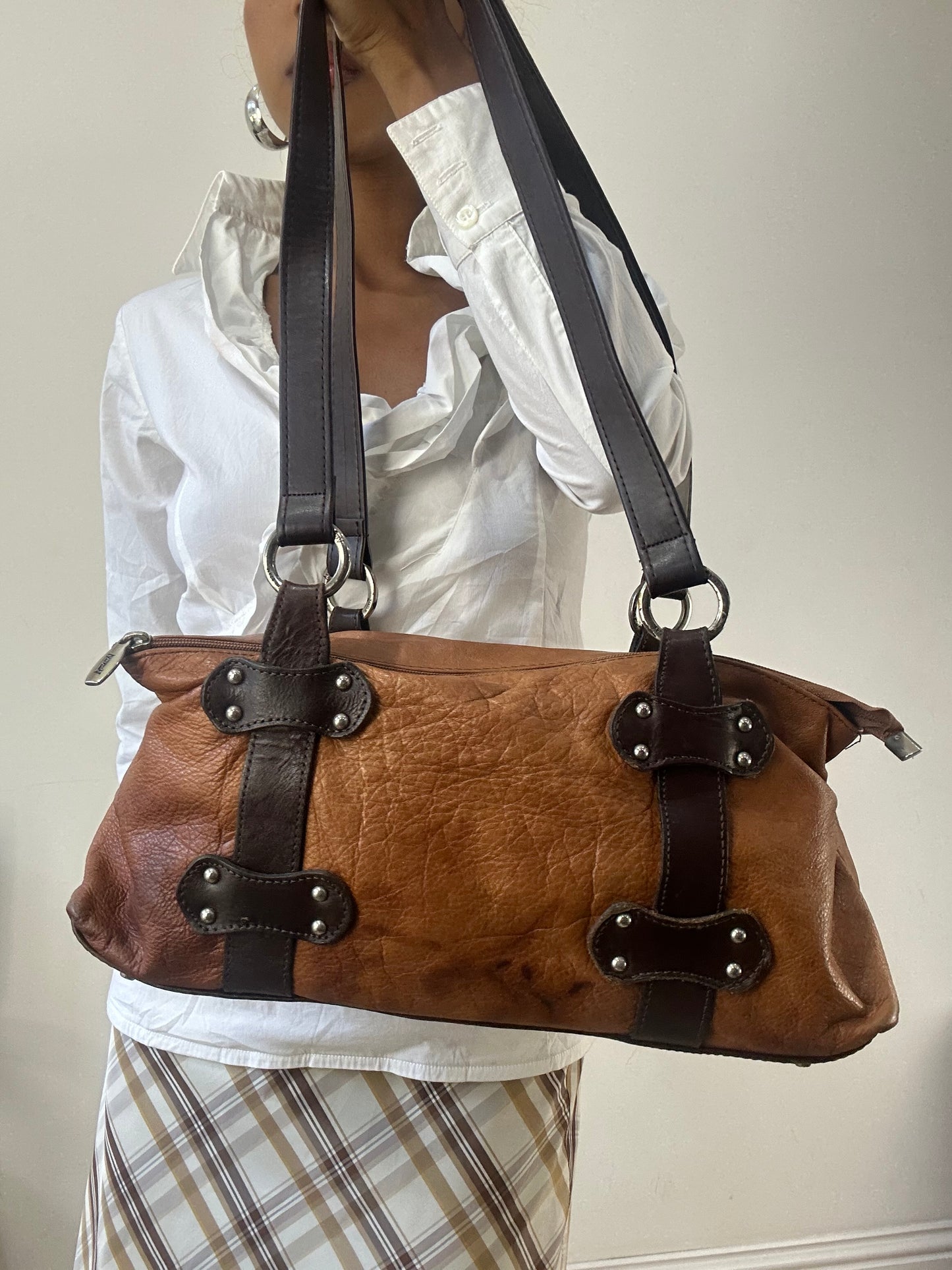 AUTUMN EDIT | brown faux leather shoulder bag with strap and stud detailing