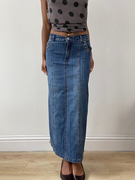 vintage edit twenty-nine | extra small blue denim maxi skirt with lace up detail