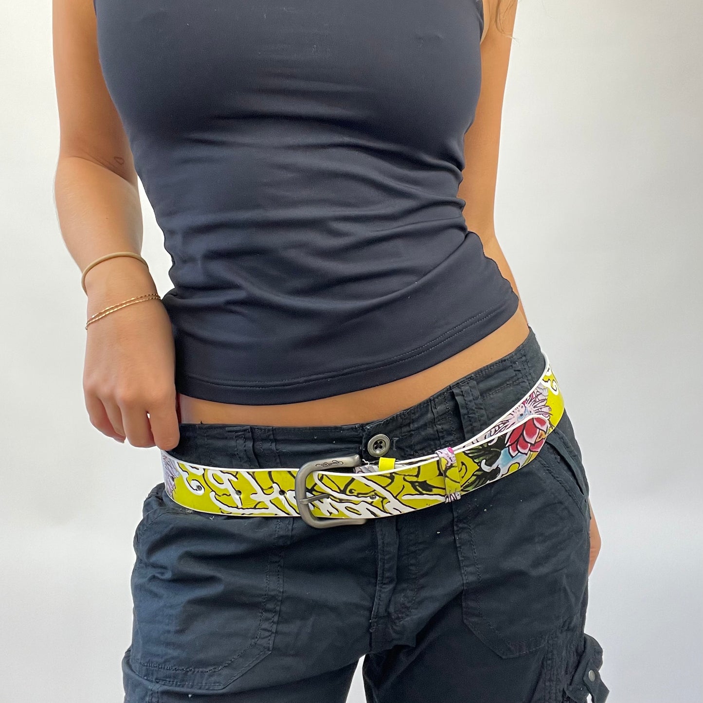 POSH AND BECKS DROP | yellow graphic ed hardy belt