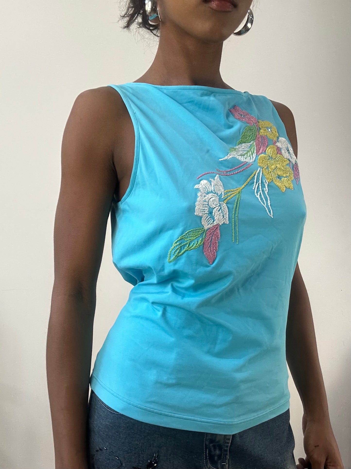 AUTUMN EDIT | medium blue vest with floral embroidery