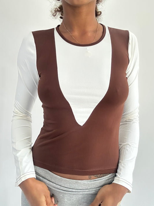 ‼️ | small white long sleeve top with brown vest overlay detail
