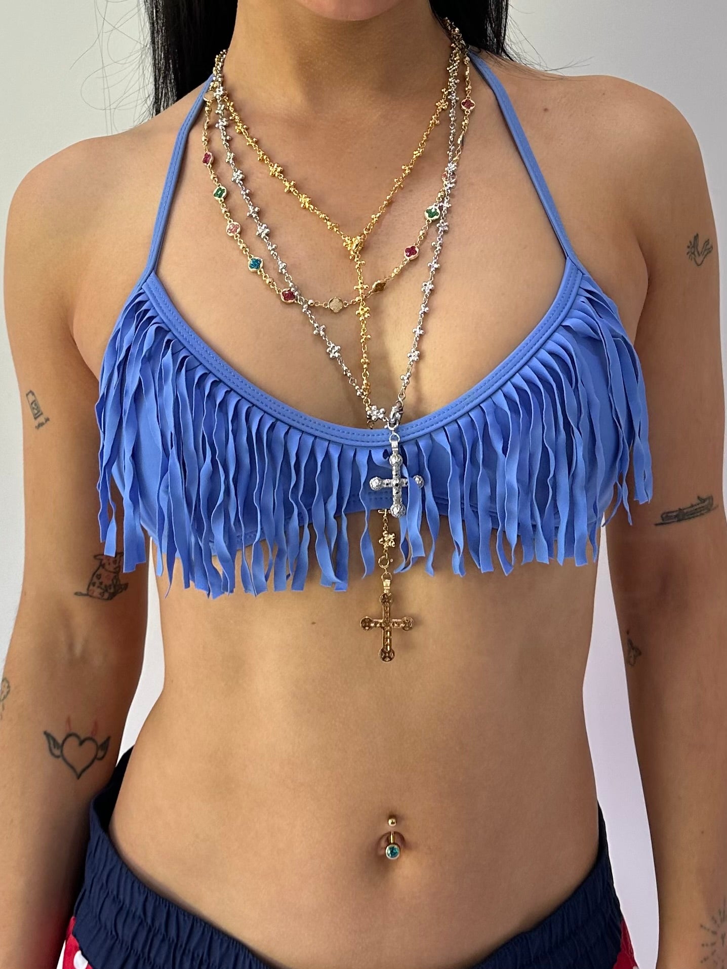 sailor drop | small blue fringe halterneck bikini top