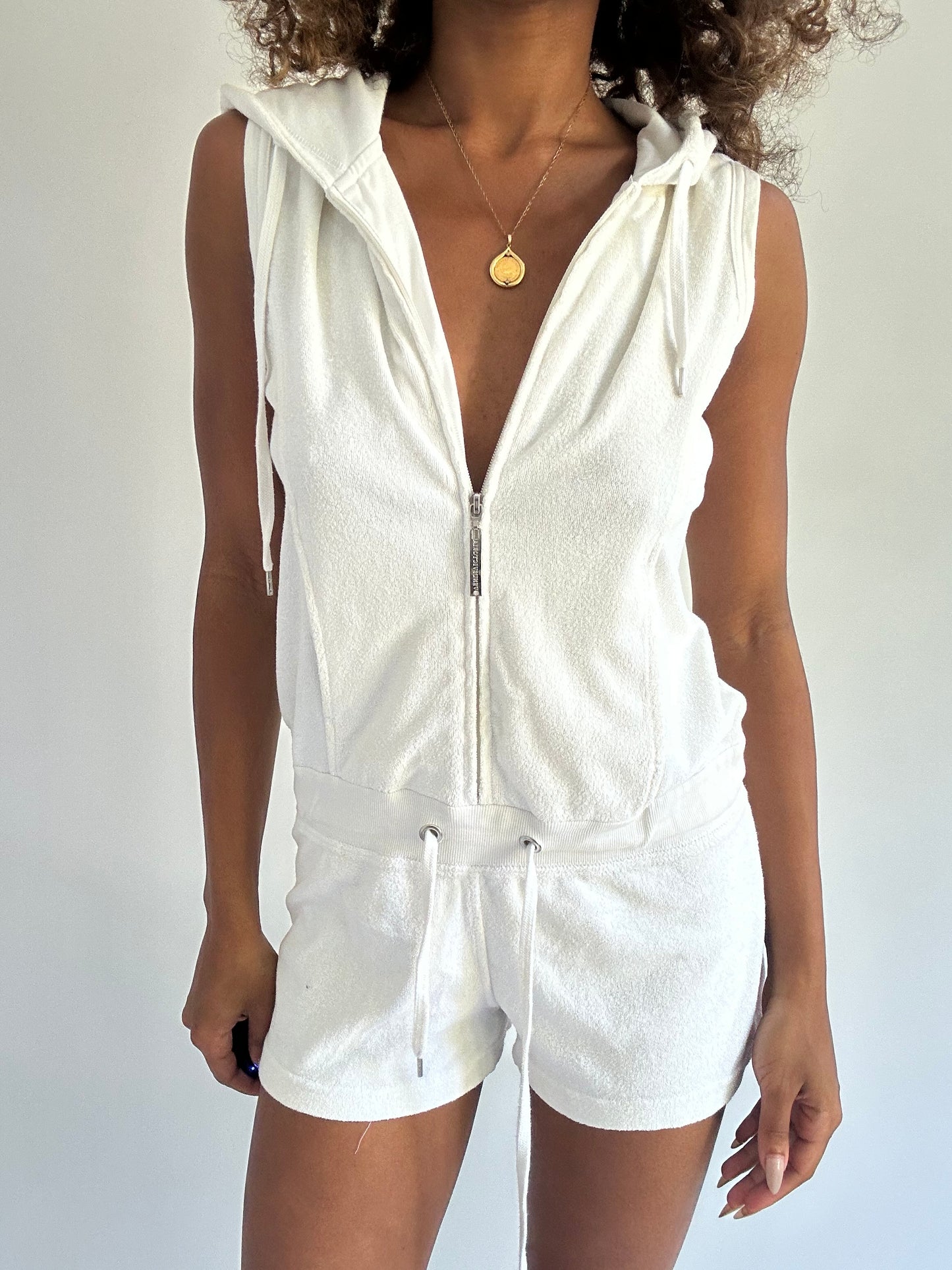euro trash | small white towelling hooded playsuit
