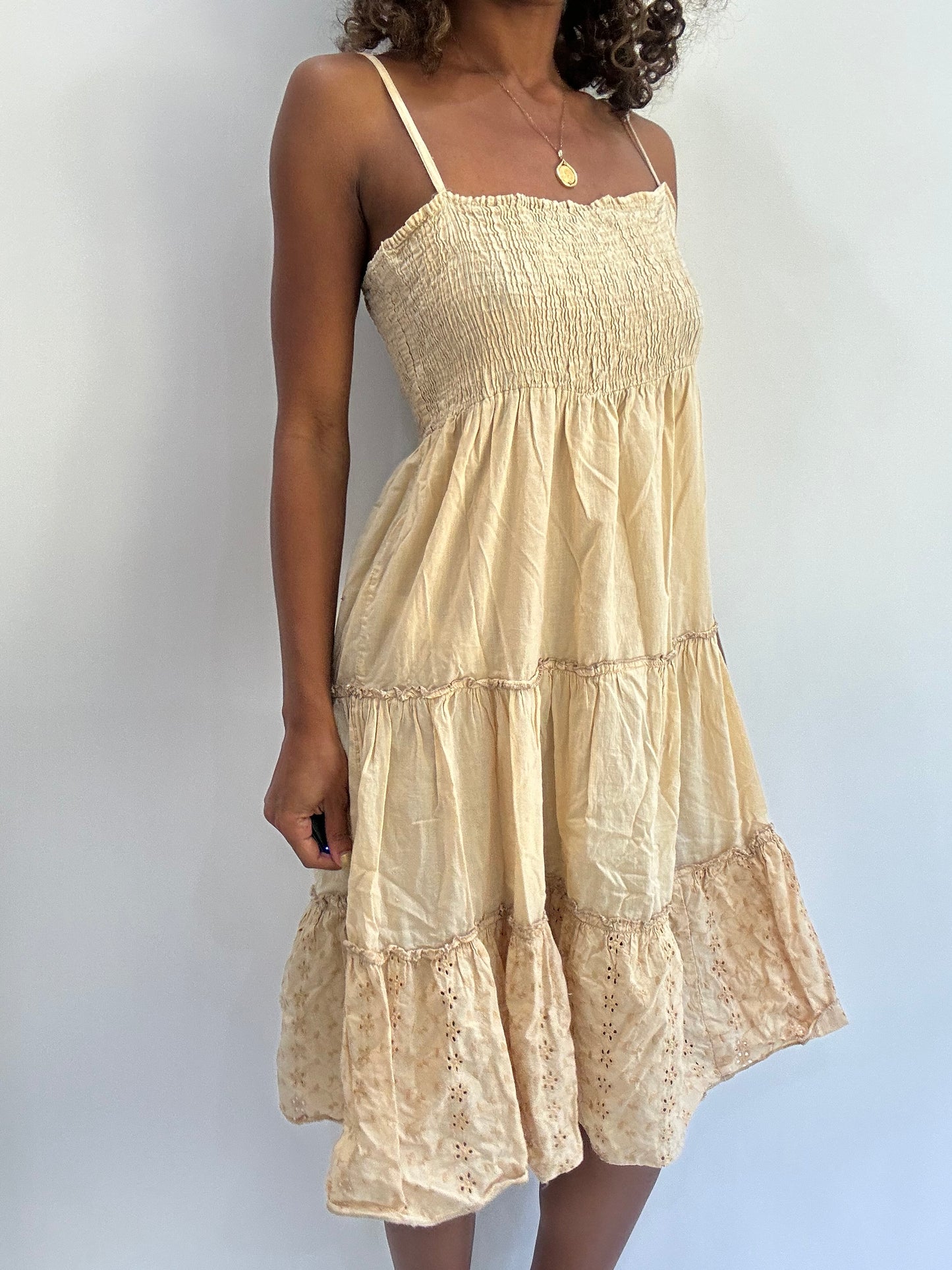 beach drop | medium light brown broiderie midi dress