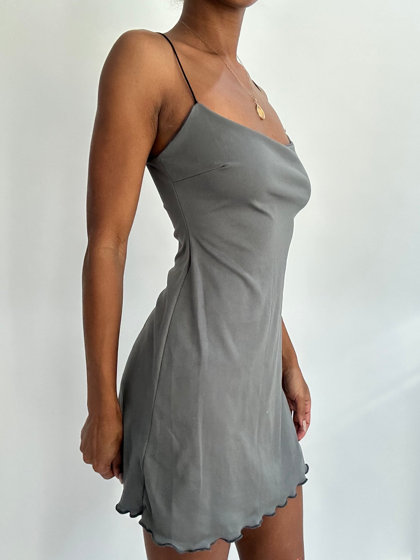 SATC drop | small grey reversible mini dress with mesh overlay
