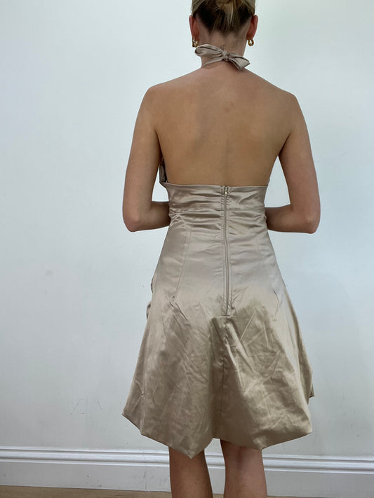 vintage edit: wedding guest | medium gold halter neck dress with diamante detail