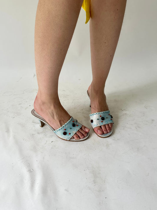 ⭐️ festival drop | UK6 blue rhinestone beaded kitten heeled mules