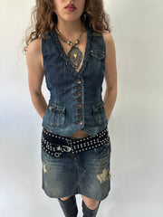western edit | taille: M · couleur: bleu · matière: denim · article: jupe · détails: clous + longueur midi