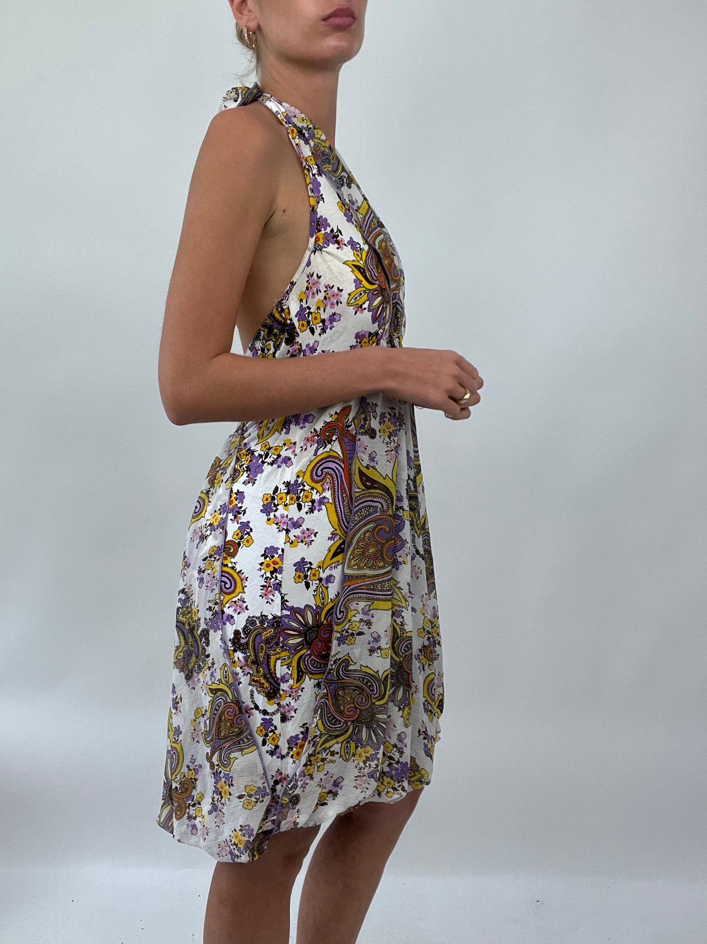 PALM BEACH DROP | small morgan de toi halterneck dress with purple paisley detail all over