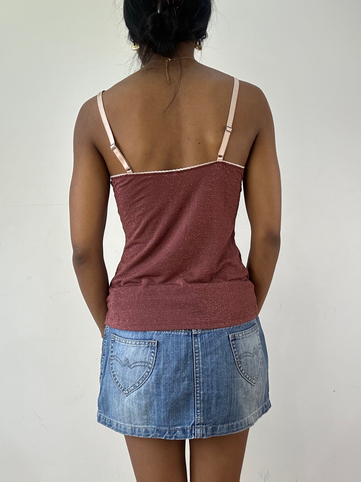 vintage edit twenty-one | medium brown and pink glittery cami top