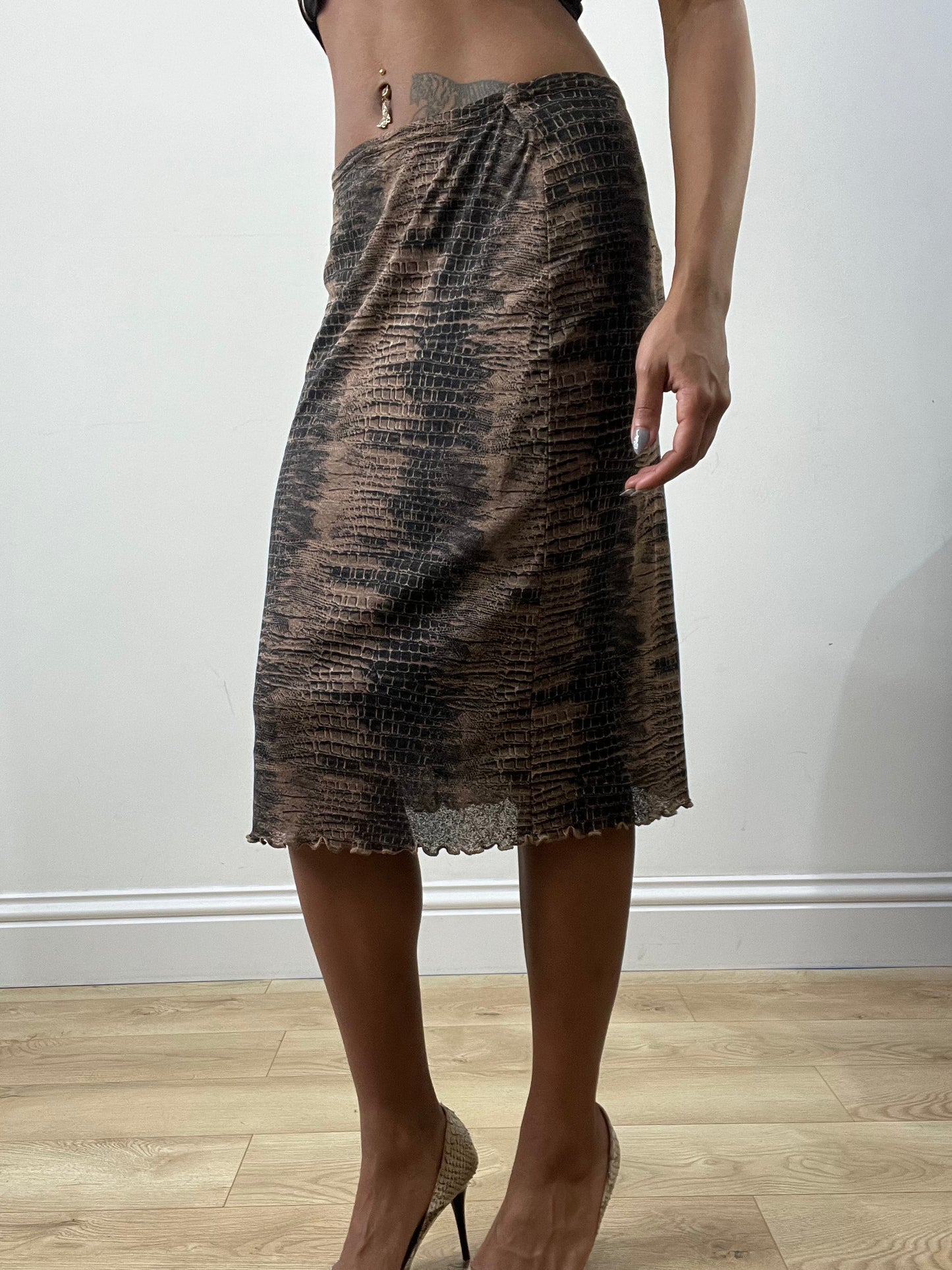 BEST PICKS | small brown patterned mesh overlay midi skirt