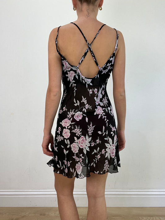 vintage edit: wedding guest | small black mini dress with pink floral print