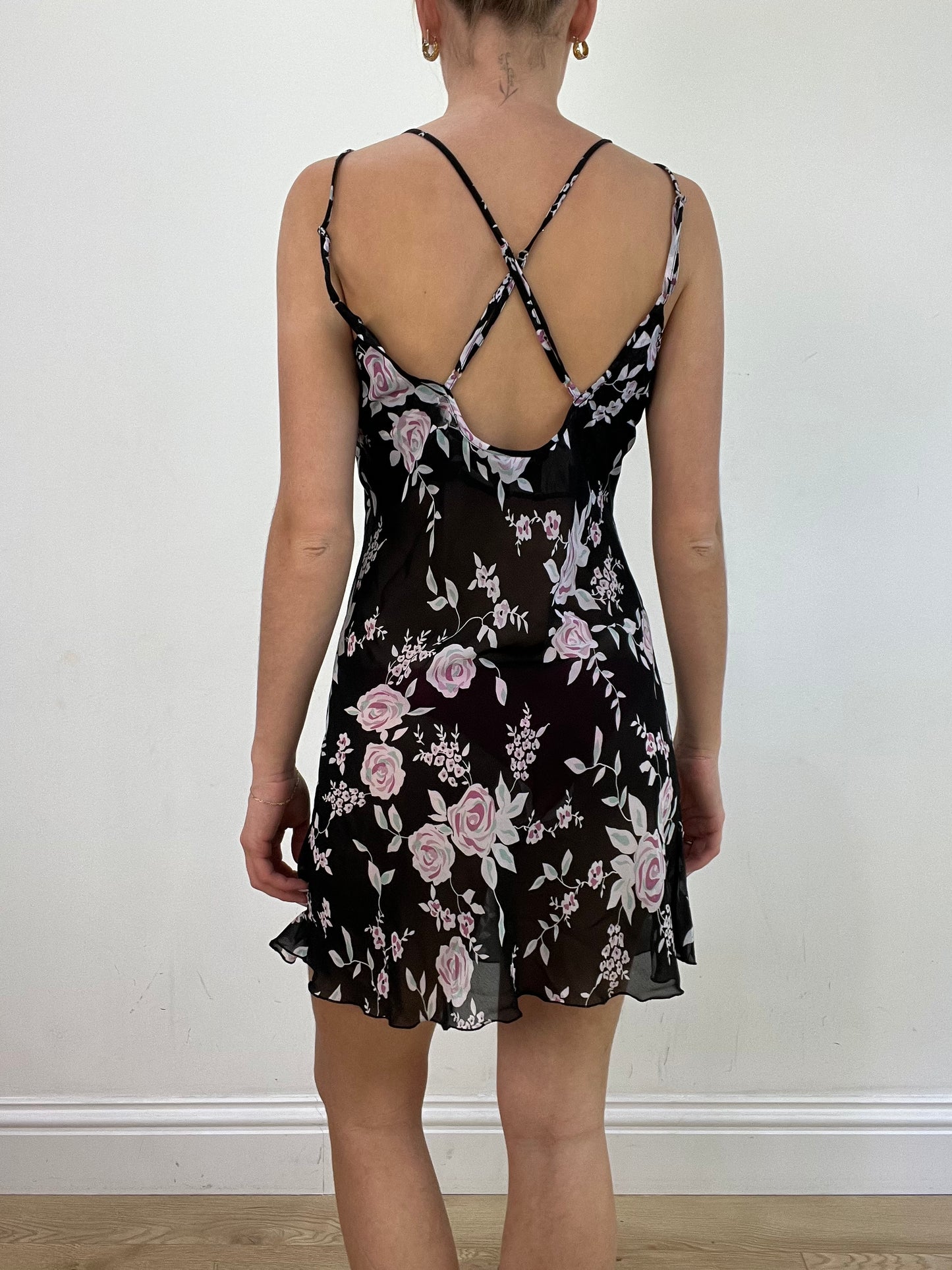 vintage edit: wedding guest | small black mini dress with pink floral print