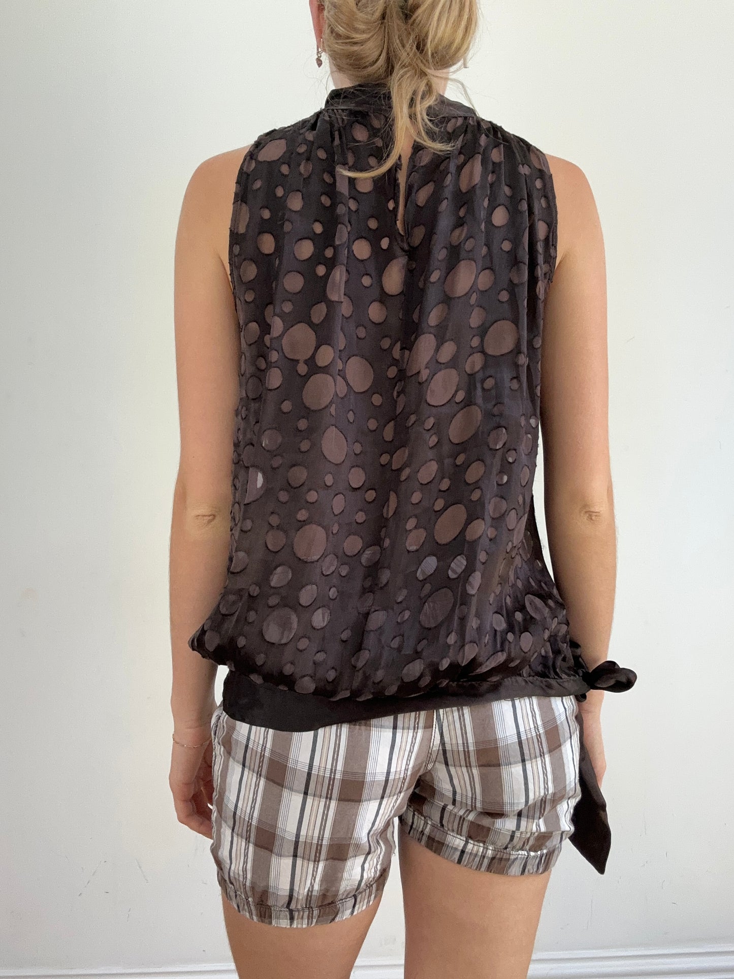 summer edit | medium brown semi sheer high neck top with polka dot print