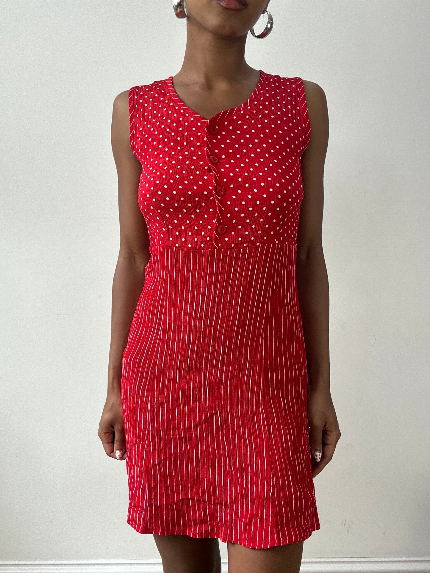 vintage edit twenty-nine | small red mini dress with polka dot and stripe print
