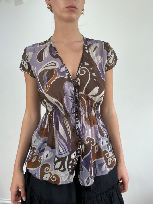 BEST PICKS | medium brown and purple paisley print semi sheer top