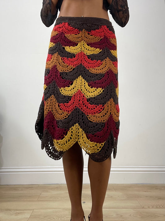 vintage edit: halloween | extra small brown and red crochet midi skirt
