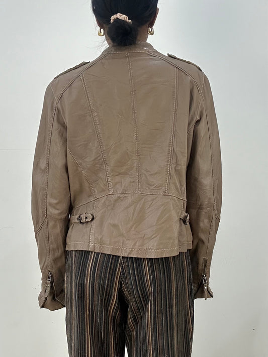 BEST PICKS | small/medium brown leather asymmetric zip jacket