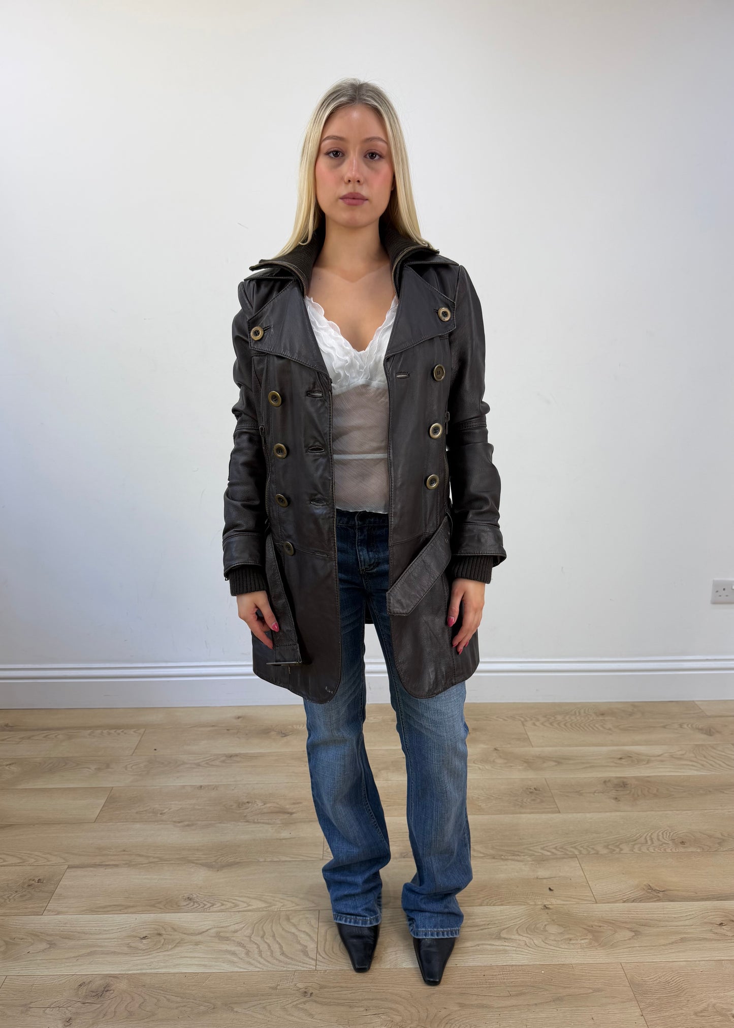 small brown faux leather pea trench coat
