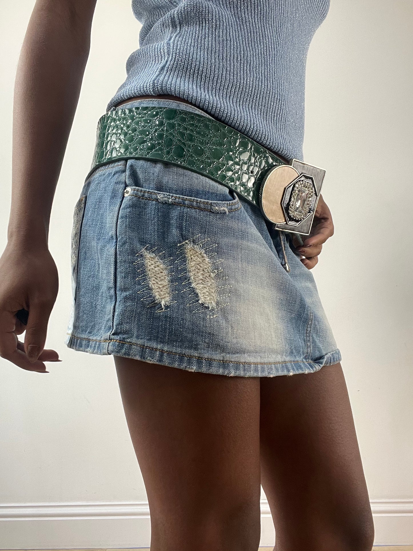 LFW edit | green faux leather belt with statement buckle
