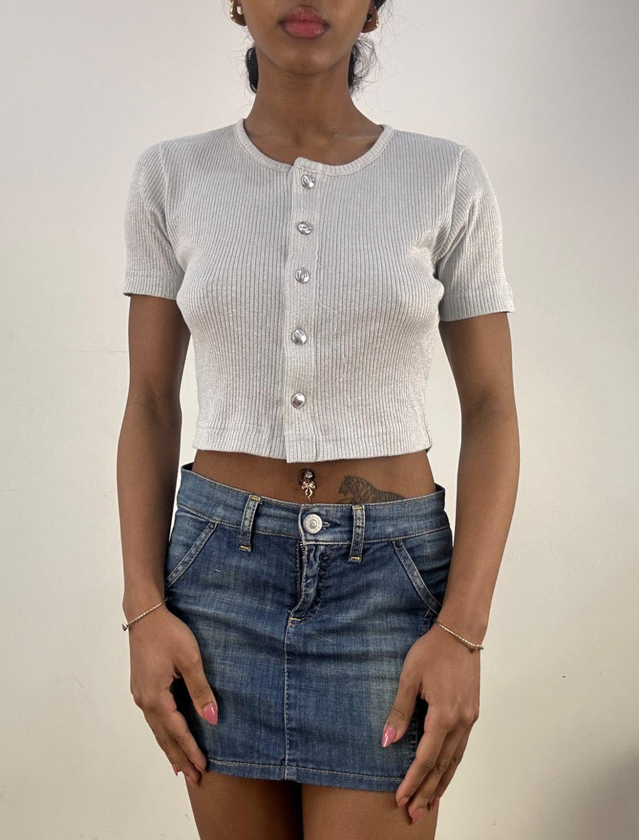 ‼️💻 small silver button up top with glitter fabric and silver button details