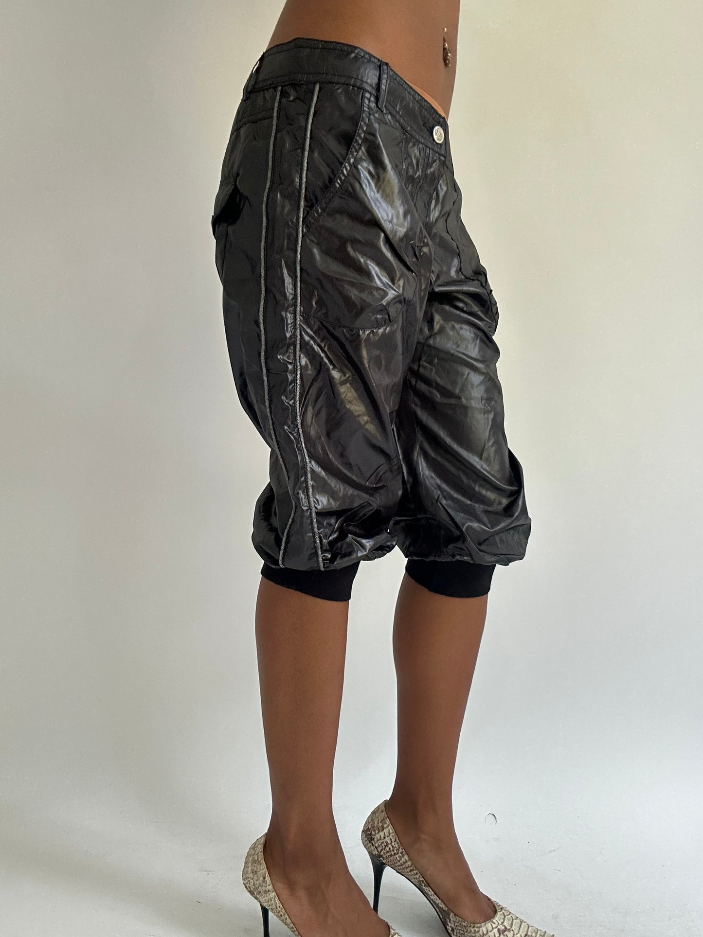 euro trash | small black leather style cropped cargo trousers