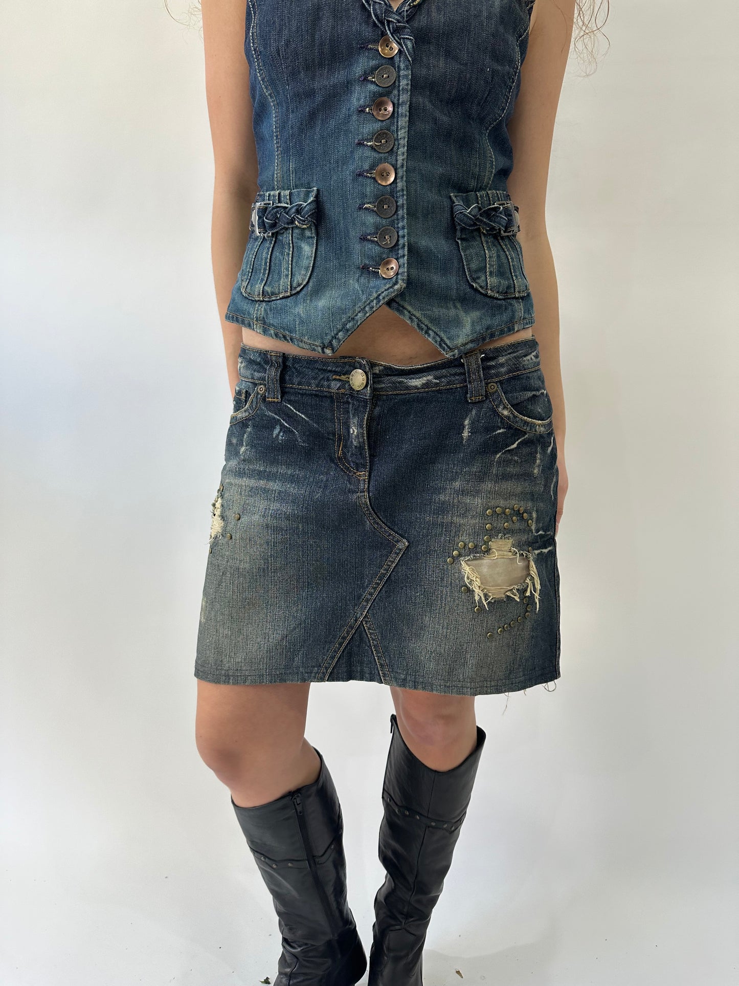 western edit | medium blue denim studded midi skirt
