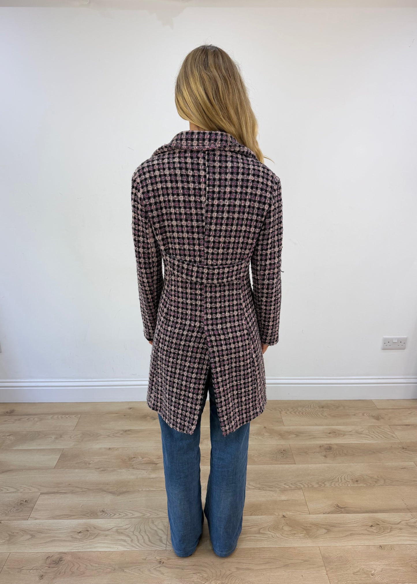 medium purple tweed trench coat