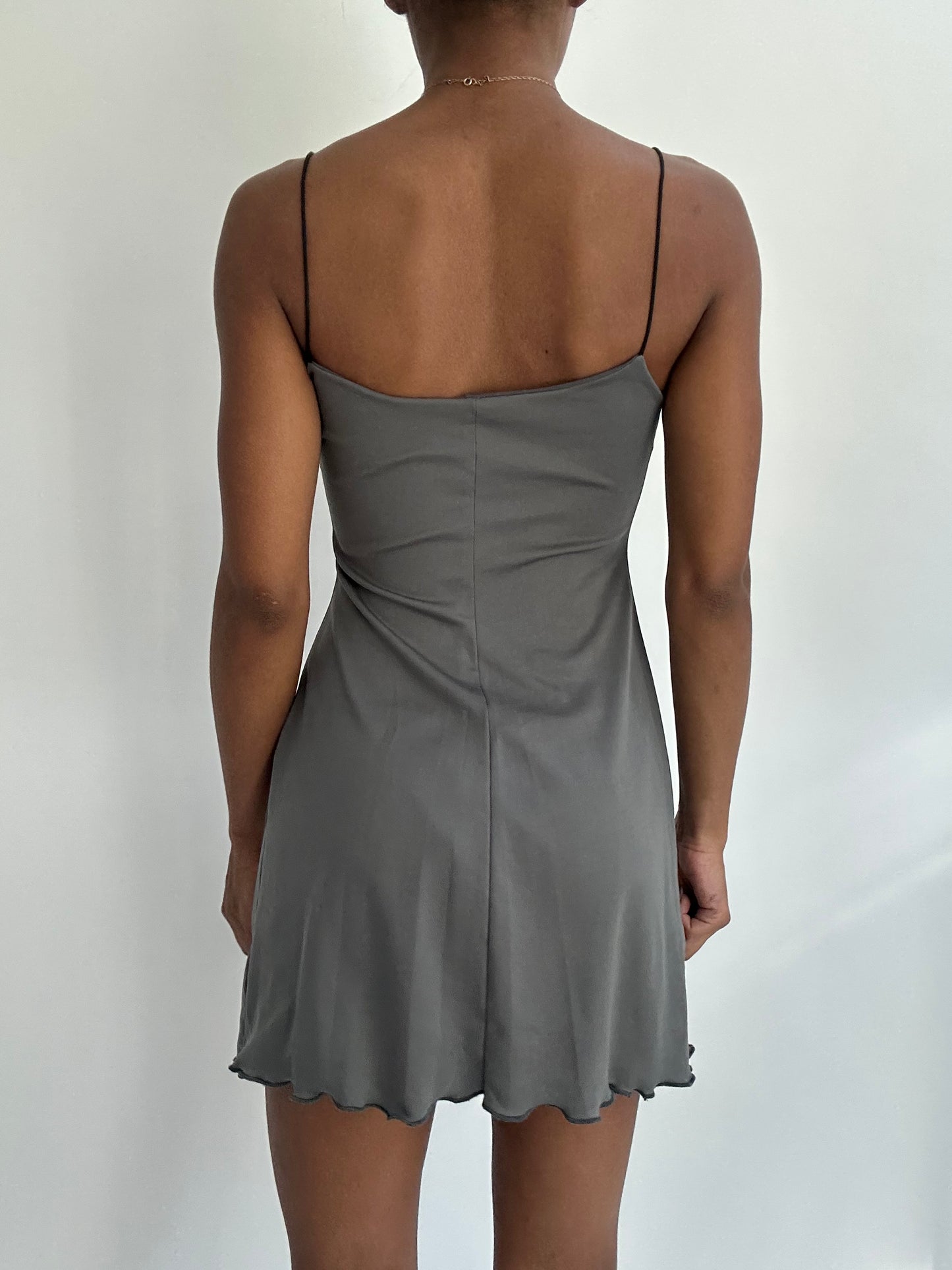 SATC drop | small grey reversible mini dress with mesh overlay