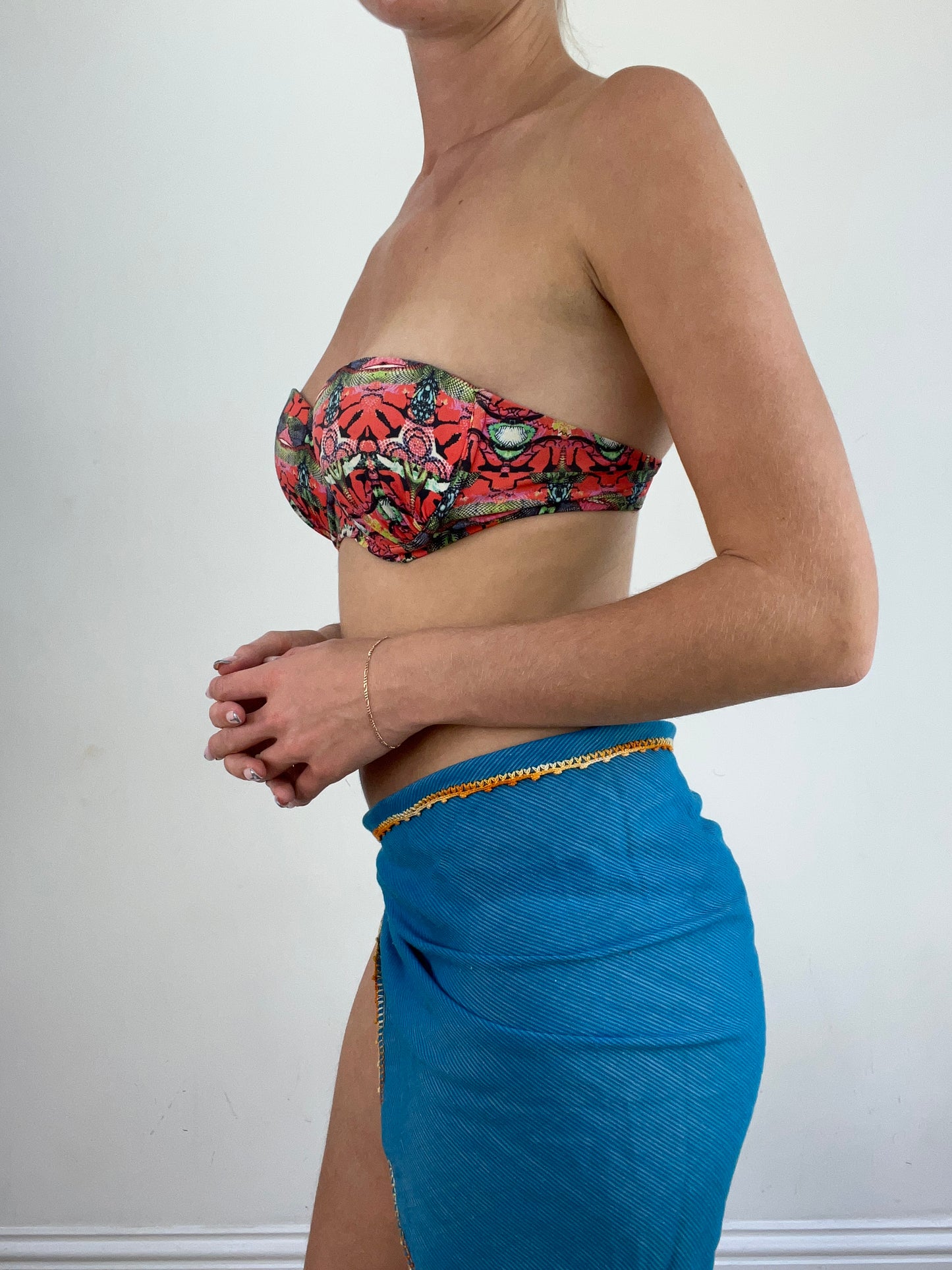 summer edit | medium red and green bandeau style bikini set with abstract print all over