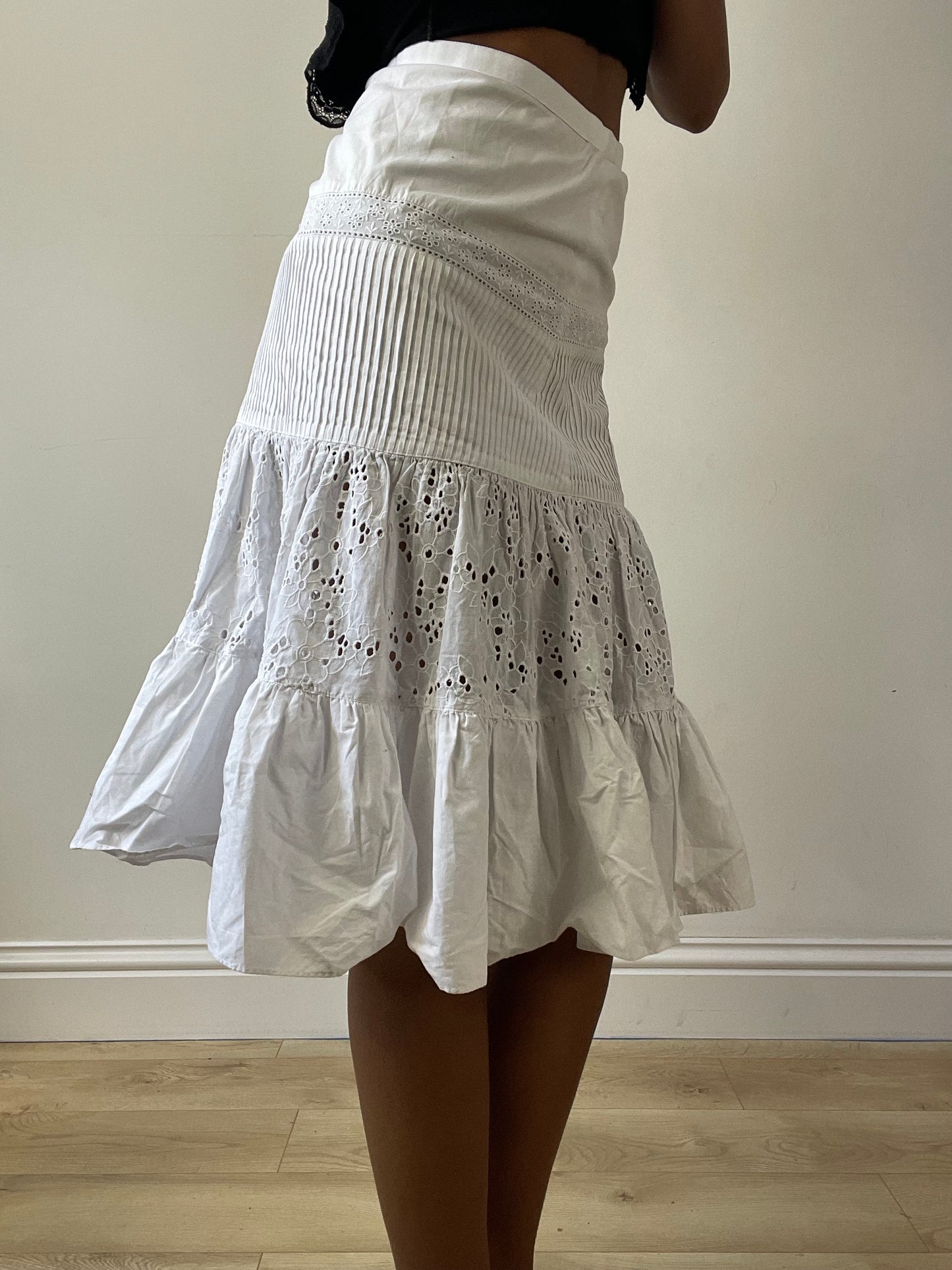 vintage edit twenty-seven | extra small white broiderie midi skirt