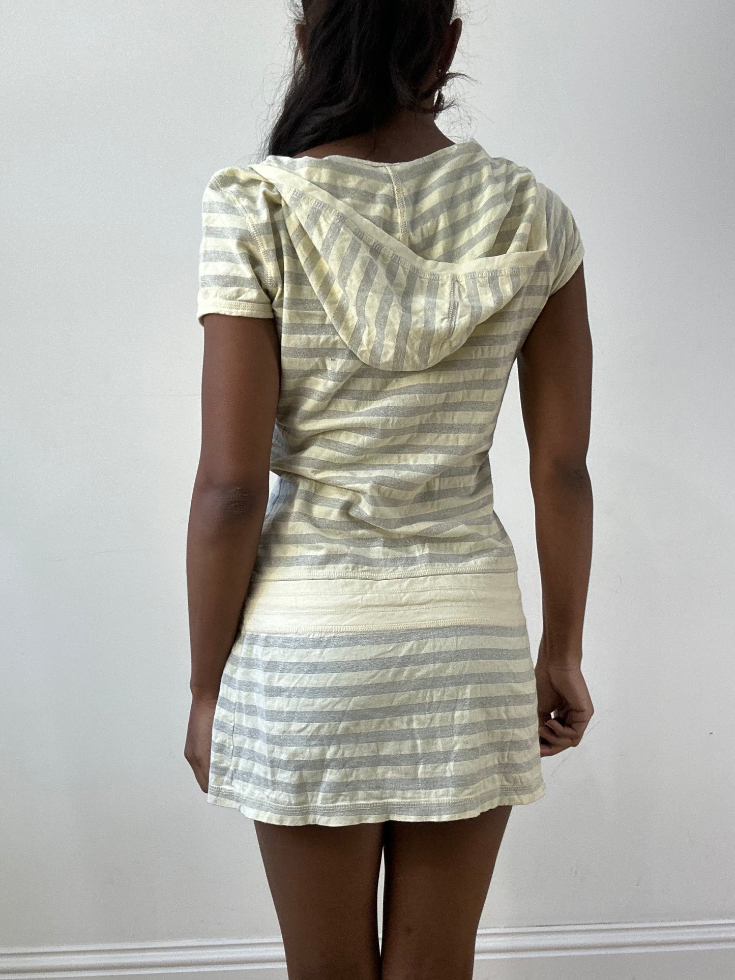 BEST PICKS | extra small yellow and silver striped hooded mini dress