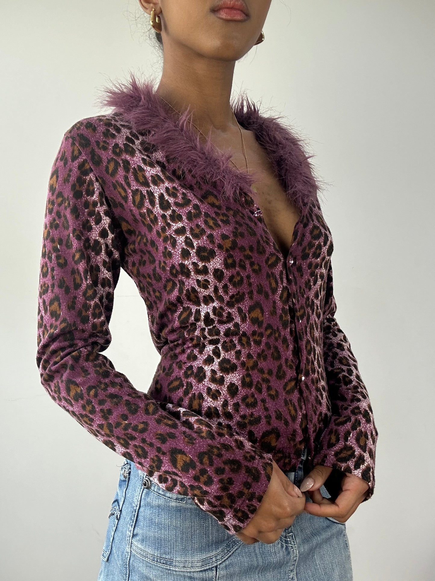 vintage edit fifteen | small purple leopard print cardigan with faux fur and rhinestones