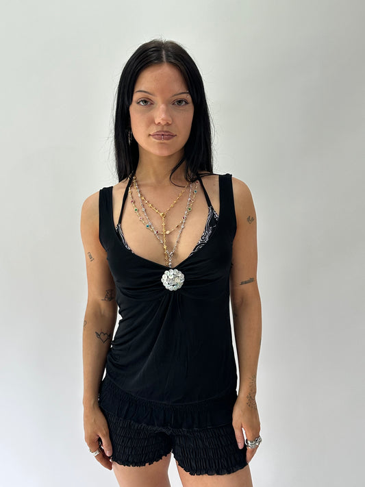 sailor drop | small black slinky cami top with pearl detail