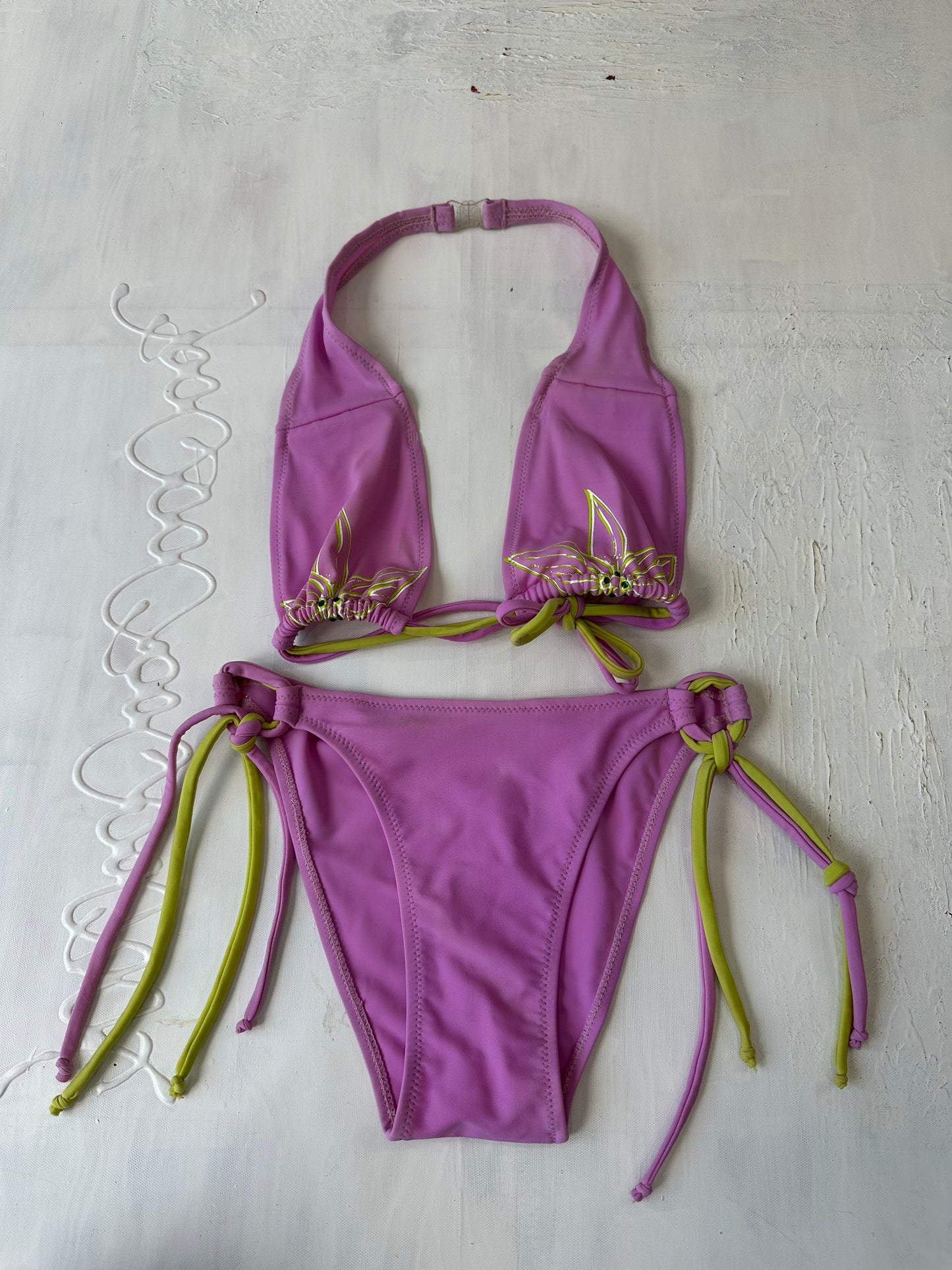 vintage edit twenty-nine | medium pink bikini set with green floral print