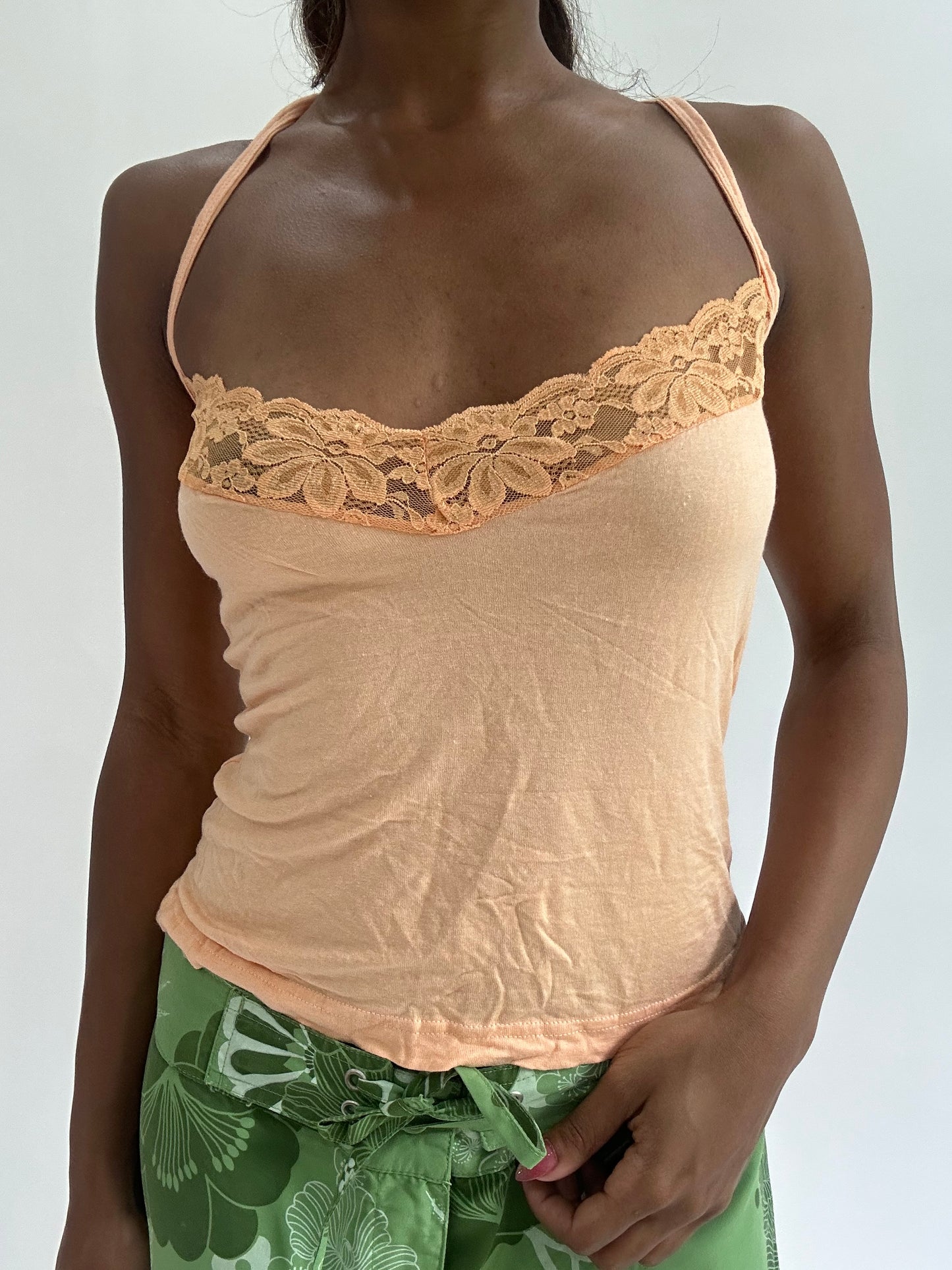 colourmaxxing drop | extra small orange crossover back lace cami