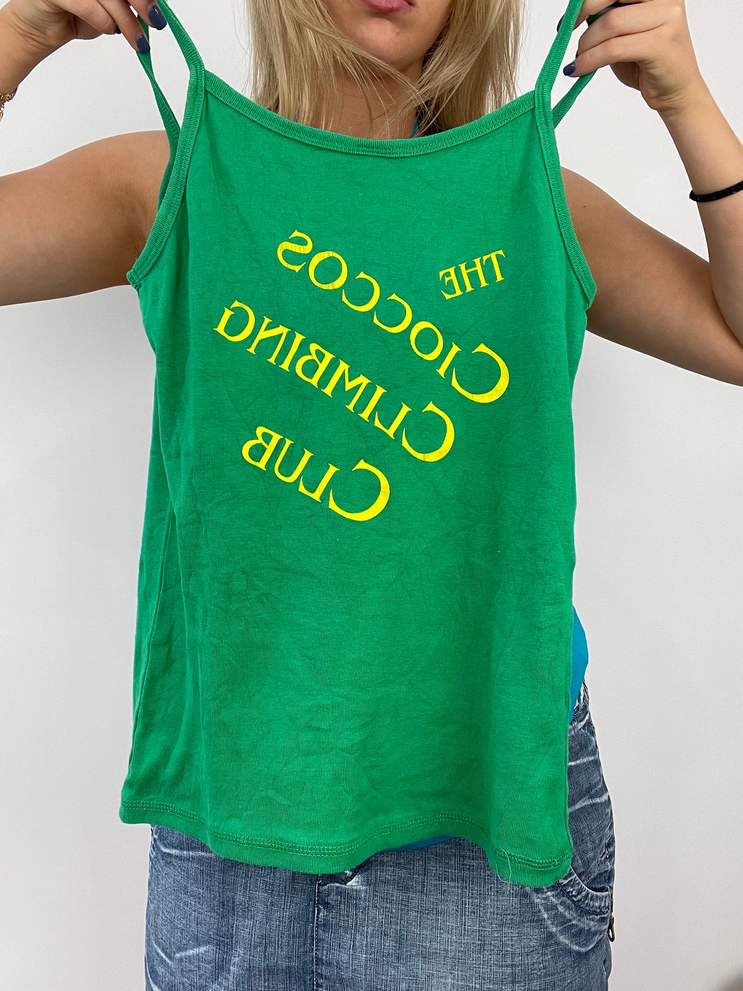 ADDISON RAE DROP | small green tank top with graphic writing on the back
