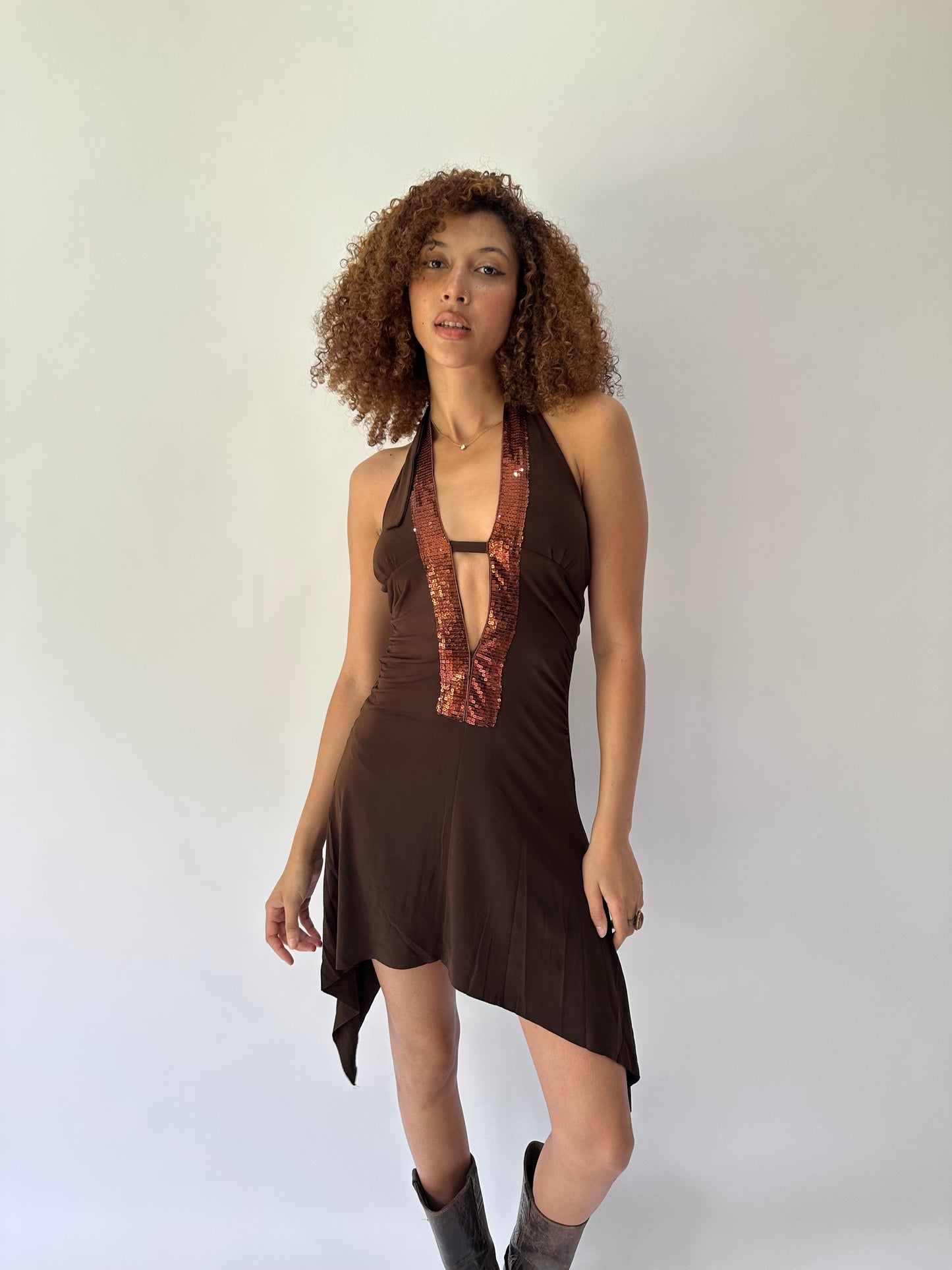 festival drop | small brown halterneck asymmetric midi dress