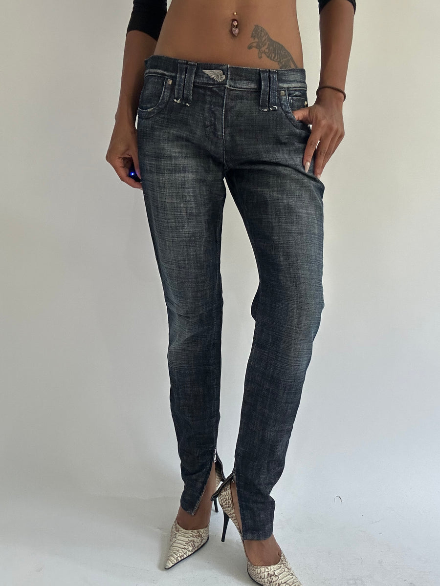 euro trash | medium dark wash miss sixty low ride jeans