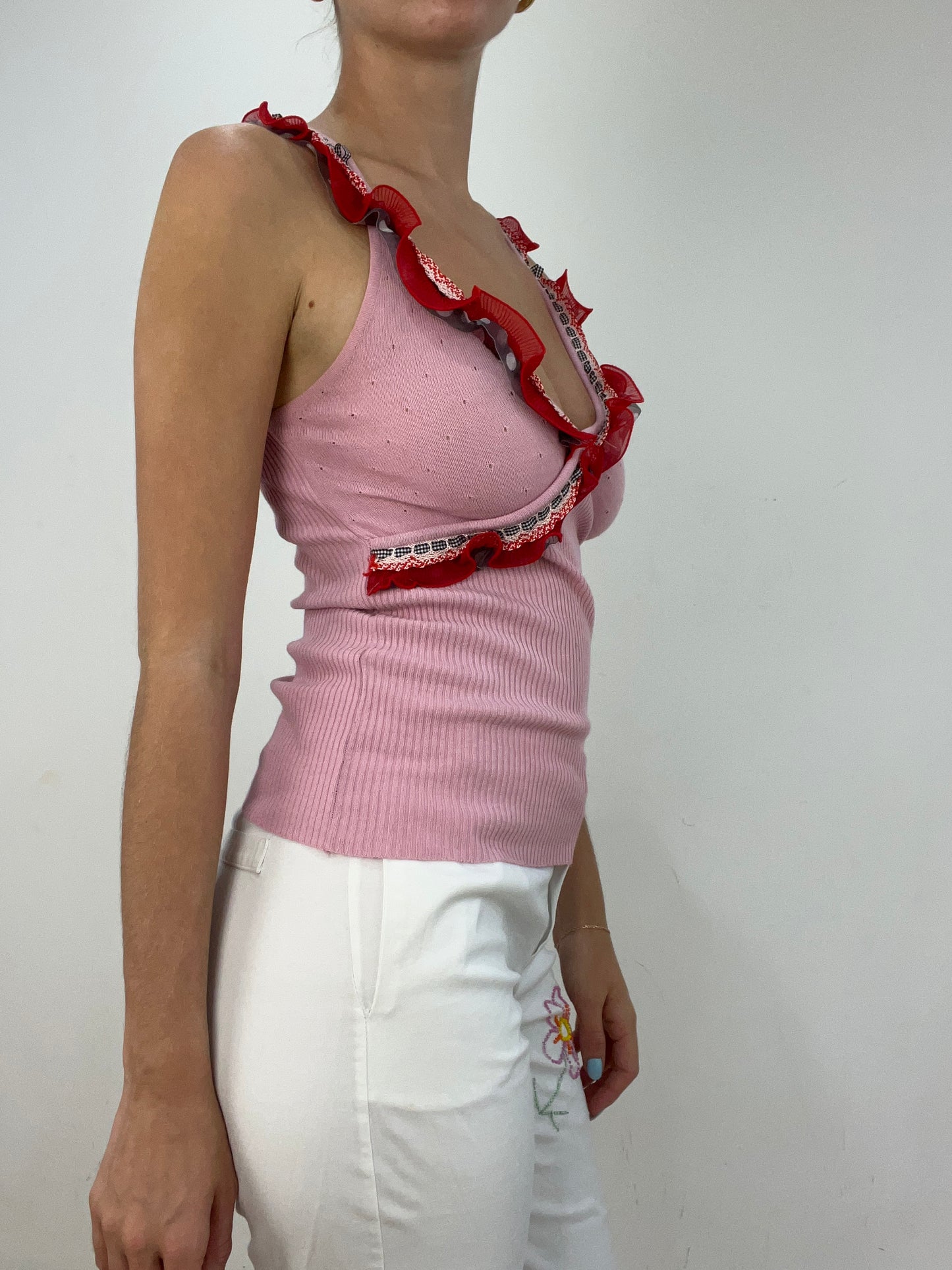 vintage edit twenty eight | small pink cami with red ruffle trim