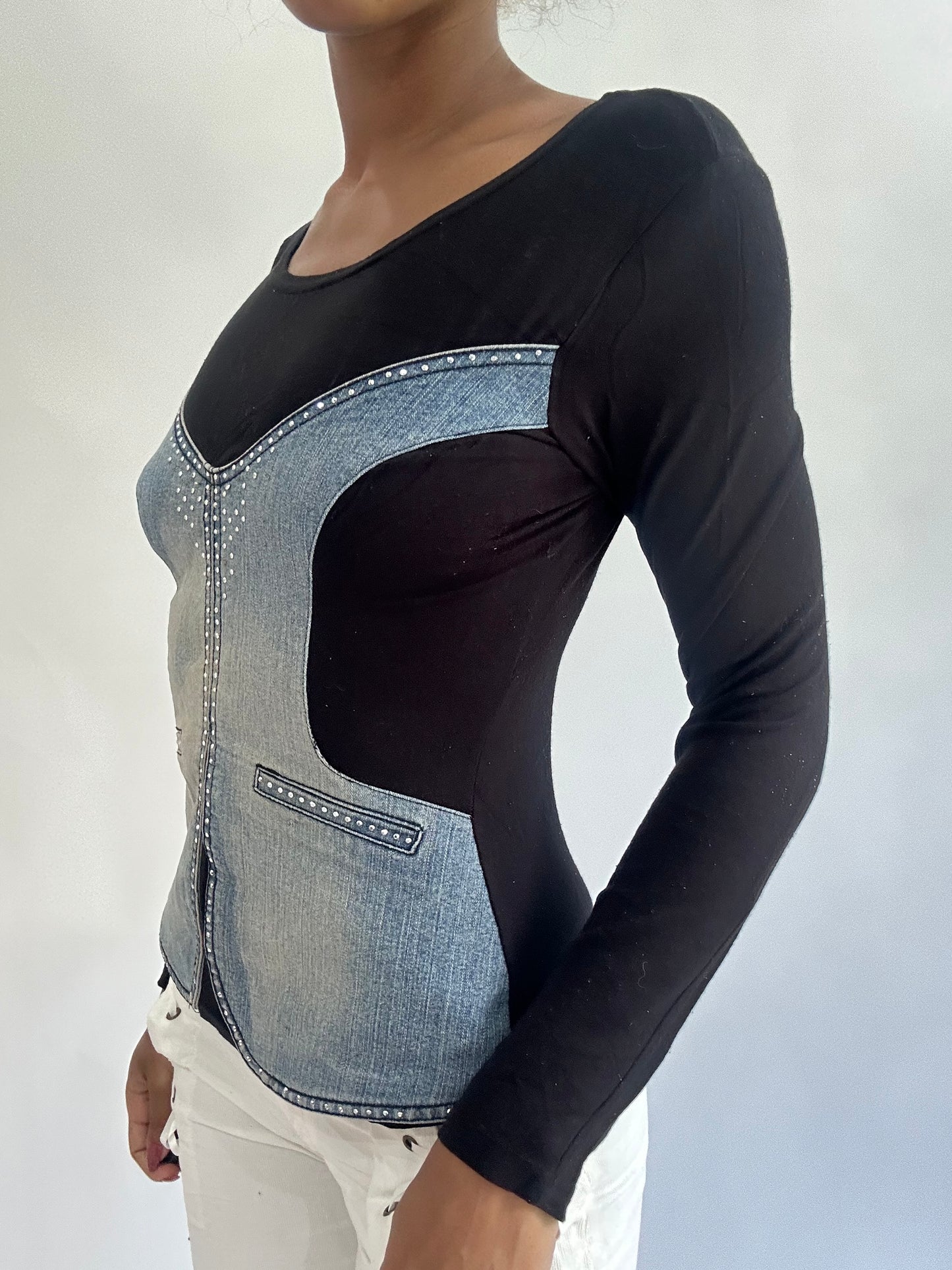 olivia rodrigo drop | small black long sleeve top with denim panelling