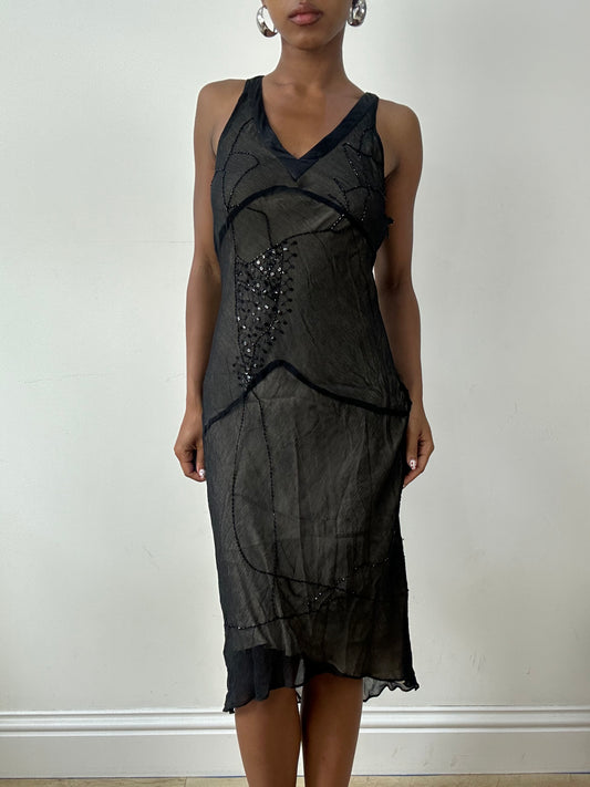 vintage edit twenty-nine | small black silk mesh overlay midi dress