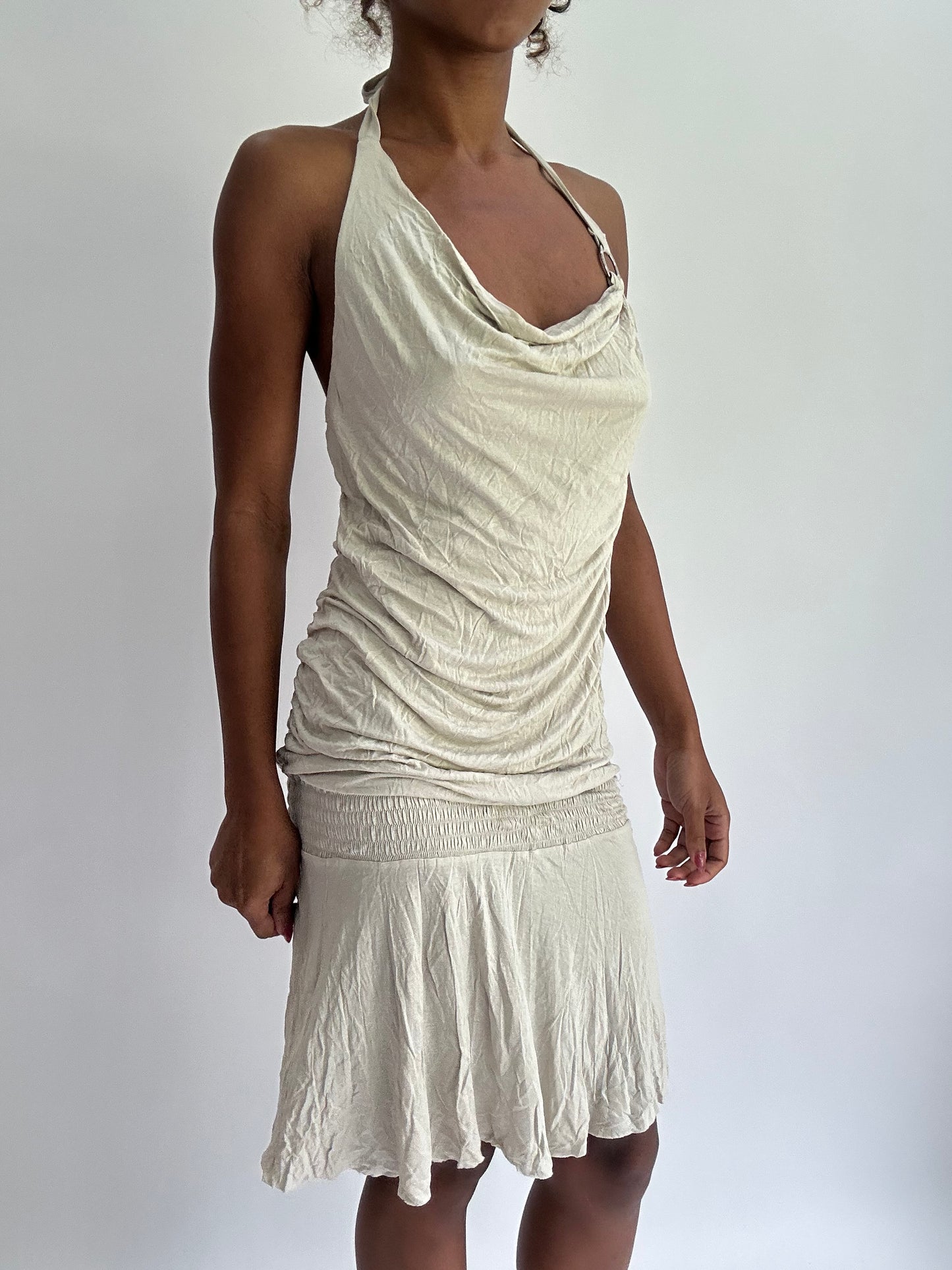 olivia rodrigo drop | small/medium beige draped midi dress
