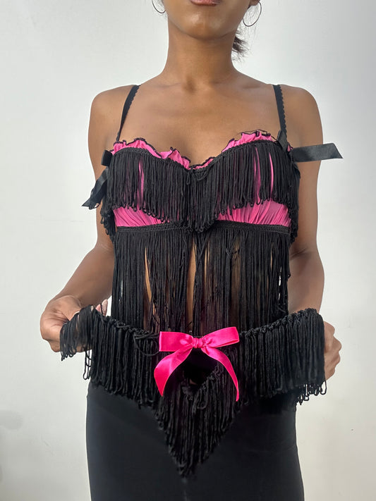 BEST PICKS | medium black and pink fringe bra and underwear set