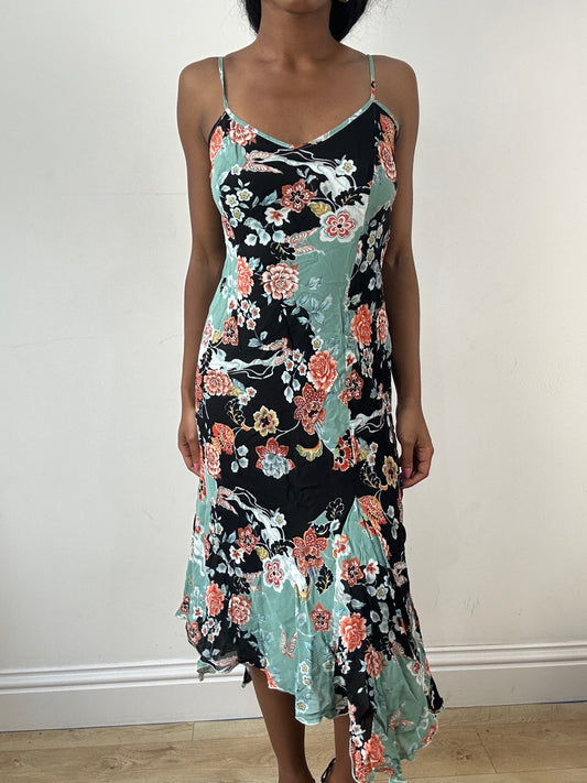 vintage edit: festival | medium blue and black floral midi dress with asymmetric hem