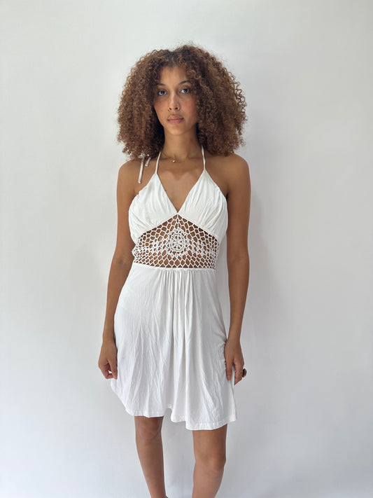 festival drop | medium white crochet halterneck mini dress